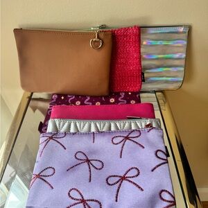 7 Ipsy Cosmetic Bag Collection with Brown, Pink, and Purple